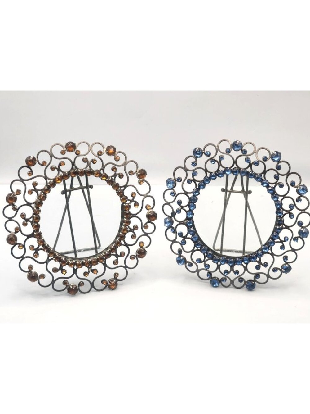 2  small round picture frames oiled bronze metal & rhinestones vintage Z